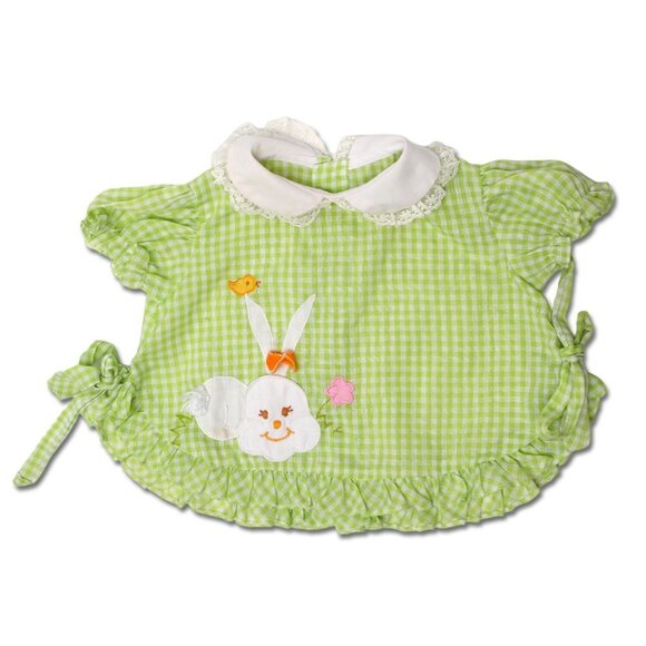 Vintage Baby Girl Green Dress Gingham Checkered Outfit Lightweight Bunny Frills - Picture 2 of 10